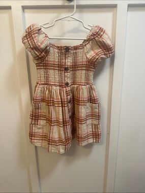 Cat & Jack Girls Cream and Rust Plaid Puff-Sleeve Dress